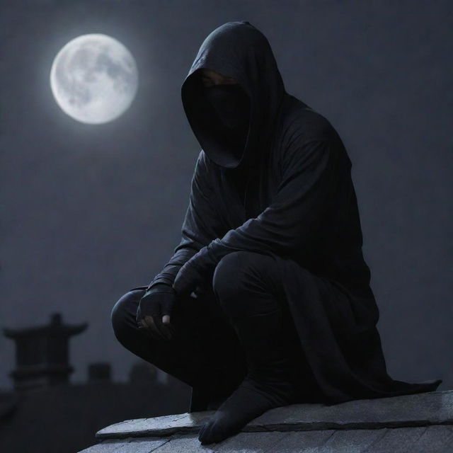 A nimble ninja shrouded in black, perched on a rooftop under the stealthy veil of the moonlit night.