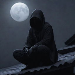 A nimble ninja shrouded in black, perched on a rooftop under the stealthy veil of the moonlit night.