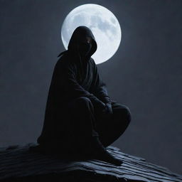 A nimble ninja shrouded in black, perched on a rooftop under the stealthy veil of the moonlit night.