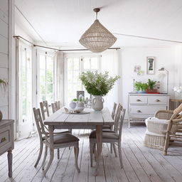 Scandinavian style living and dining room, with shabby chic elements and a white color scheme. Infuse it with elements that are currently trending on Instagram