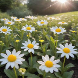 A whimsical garden filled with sunny side up egg flowers blooming brightly under the morning sun