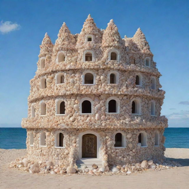 Artistic impression of a building made entirely of assorted sea shells