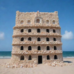 Artistic impression of a building made entirely of assorted sea shells