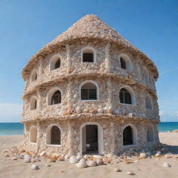 Artistic impression of a building made entirely of assorted sea shells