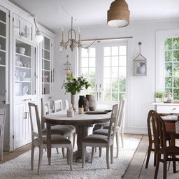 Scandinavian style living and dining room, with shabby chic elements and a white color scheme. Infuse it with elements that are currently trending on Instagram