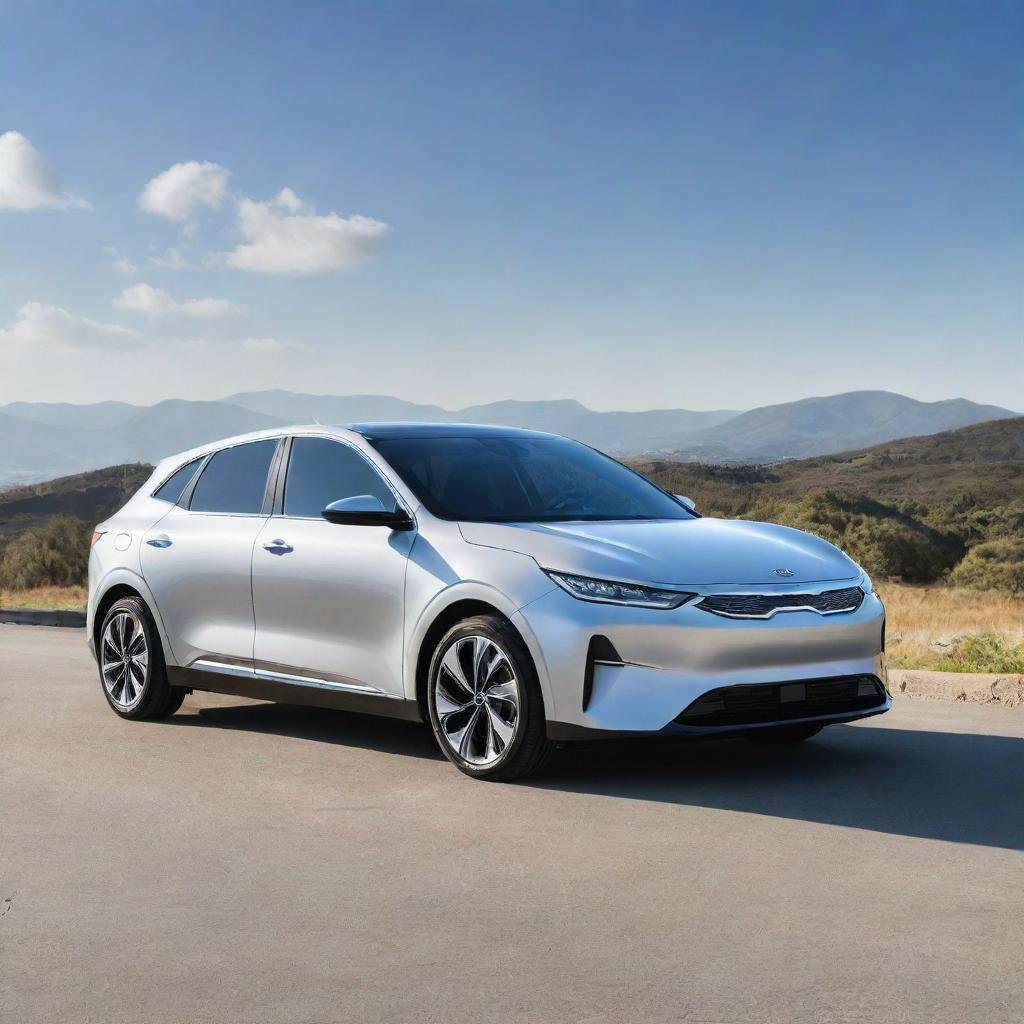 A sleek, silver Kia EV4 2024 under a bright sky, gleaming under the sunlight, showcasing its futuristic design and cutting-edge features.