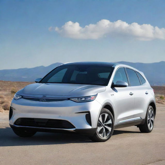 A sleek, silver Kia EV4 2024 under a bright sky, gleaming under the sunlight, showcasing its futuristic design and cutting-edge features.