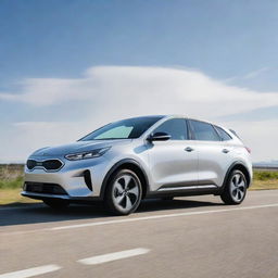 A sleek, silver Kia EV4 2024 under a bright sky, gleaming under the sunlight, showcasing its futuristic design and cutting-edge features.