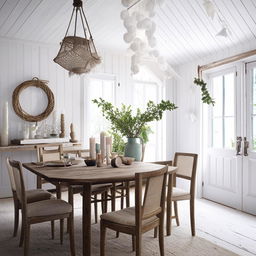 Scandinavian style living and dining room, with shabby chic elements and a white color scheme. Infuse it with elements that are currently trending on Instagram