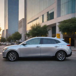 A detailed and striking image of a 2024 Kia EV4 in a silver finish, parked on a city street during sunset