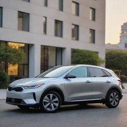 A detailed and striking image of a 2024 Kia EV4 in a silver finish, parked on a city street during sunset