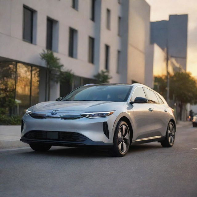 A detailed and striking image of a 2024 Kia EV4 in a silver finish, parked on a city street during sunset