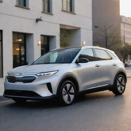 A detailed and striking image of a 2024 Kia EV4 in a silver finish, parked on a city street during sunset