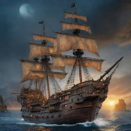 Intricately detailed Pirates of the Caribbean-style ghost ship, bustling with spectral swashbucklers full of energy.