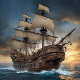 Intricately detailed Pirates of the Caribbean-style ghost ship, bustling with spectral swashbucklers full of energy.