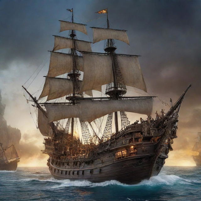 Intricately detailed Pirates of the Caribbean-style ghost ship, bustling with spectral swashbucklers full of energy.