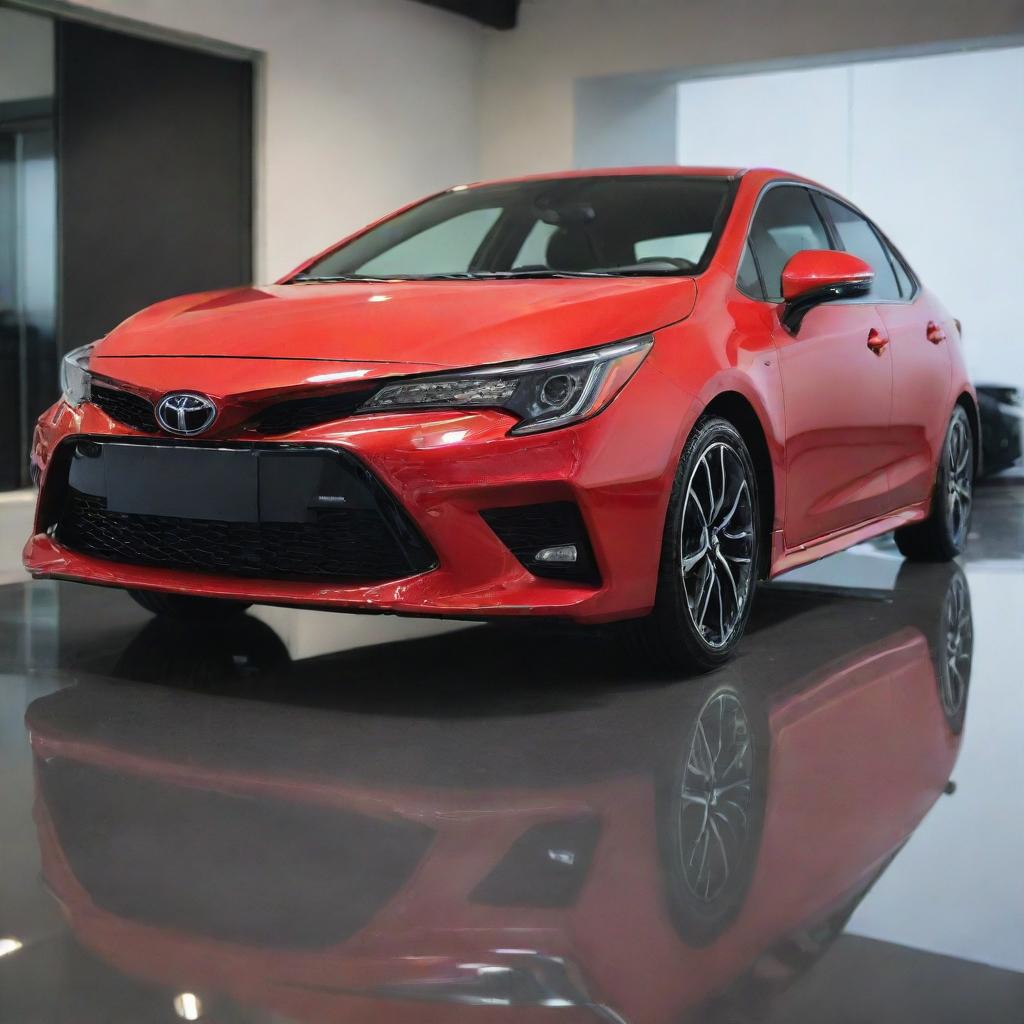 A brand new, shiny Toyota Corolla 2024 in a vibrant red color, parked in a brightly lit showroom with reflections on its polished surface.