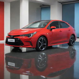 A brand new, shiny Toyota Corolla 2024 in a vibrant red color, parked in a brightly lit showroom with reflections on its polished surface.