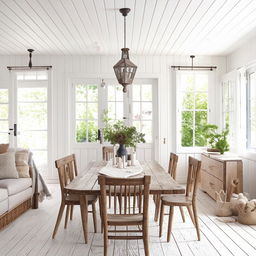 Scandinavian style living and dining room, with shabby chic elements and a white color scheme. Infuse it with elements that are currently trending on Instagram