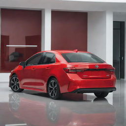 A brand new, shiny Toyota Corolla 2024 in a vibrant red color, parked in a brightly lit showroom with reflections on its polished surface.