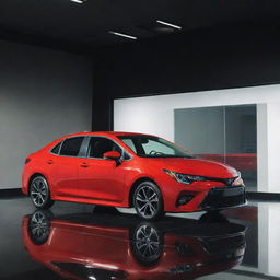 A brand new, shiny Toyota Corolla 2024 in a vibrant red color, parked in a brightly lit showroom with reflections on its polished surface.