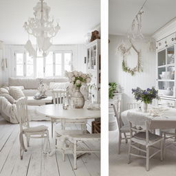 Revamped Scandinavian style living and dining room, shabby chic elements in stark white, but with an extra layer of popular Instagram filters and embellishments to really boost its trend appeal