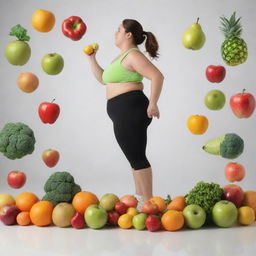 Visualization of a symbolic fight against obesity: A person engaged in vigorous exercise, with fruits, vegetables, and water illustrating healthy lifestyle choices in the background.