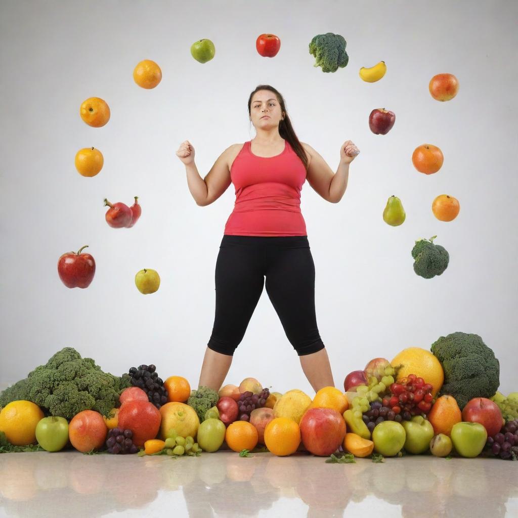 Visualization of a symbolic fight against obesity: A person engaged in vigorous exercise, with fruits, vegetables, and water illustrating healthy lifestyle choices in the background.