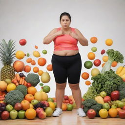 Visualization of a symbolic fight against obesity: A person engaged in vigorous exercise, with fruits, vegetables, and water illustrating healthy lifestyle choices in the background.