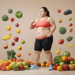 Visualization of a symbolic fight against obesity: A person engaged in vigorous exercise, with fruits, vegetables, and water illustrating healthy lifestyle choices in the background.