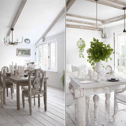 Revamped Scandinavian style living and dining room, shabby chic elements in stark white, but with an extra layer of popular Instagram filters and embellishments to really boost its trend appeal