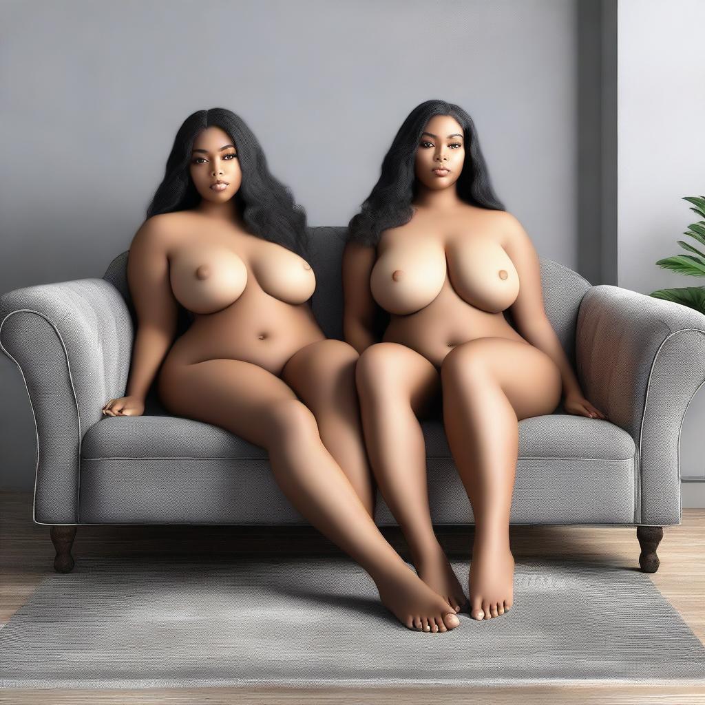 A high-quality digital art piece, showcasing two attractive twin girls with voluptuous figures, lounging on a grey couch