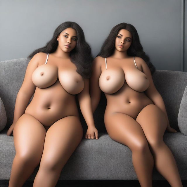 A high-quality digital art piece, showcasing two attractive twin girls with voluptuous figures, lounging on a grey couch