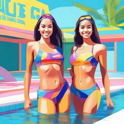 A vibrant digital art piece depicting two twin girls as attractive swim instructors