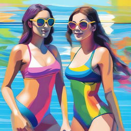 A vibrant digital art piece depicting two twin girls as attractive swim instructors