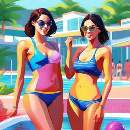 A vibrant digital art piece depicting two twin girls as attractive swim instructors