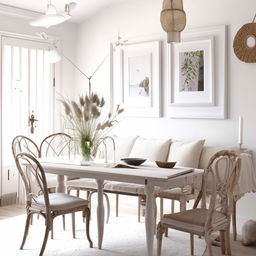 Revamped Scandinavian style living and dining room, shabby chic elements in stark white, but with an extra layer of popular Instagram filters and embellishments to really boost its trend appeal