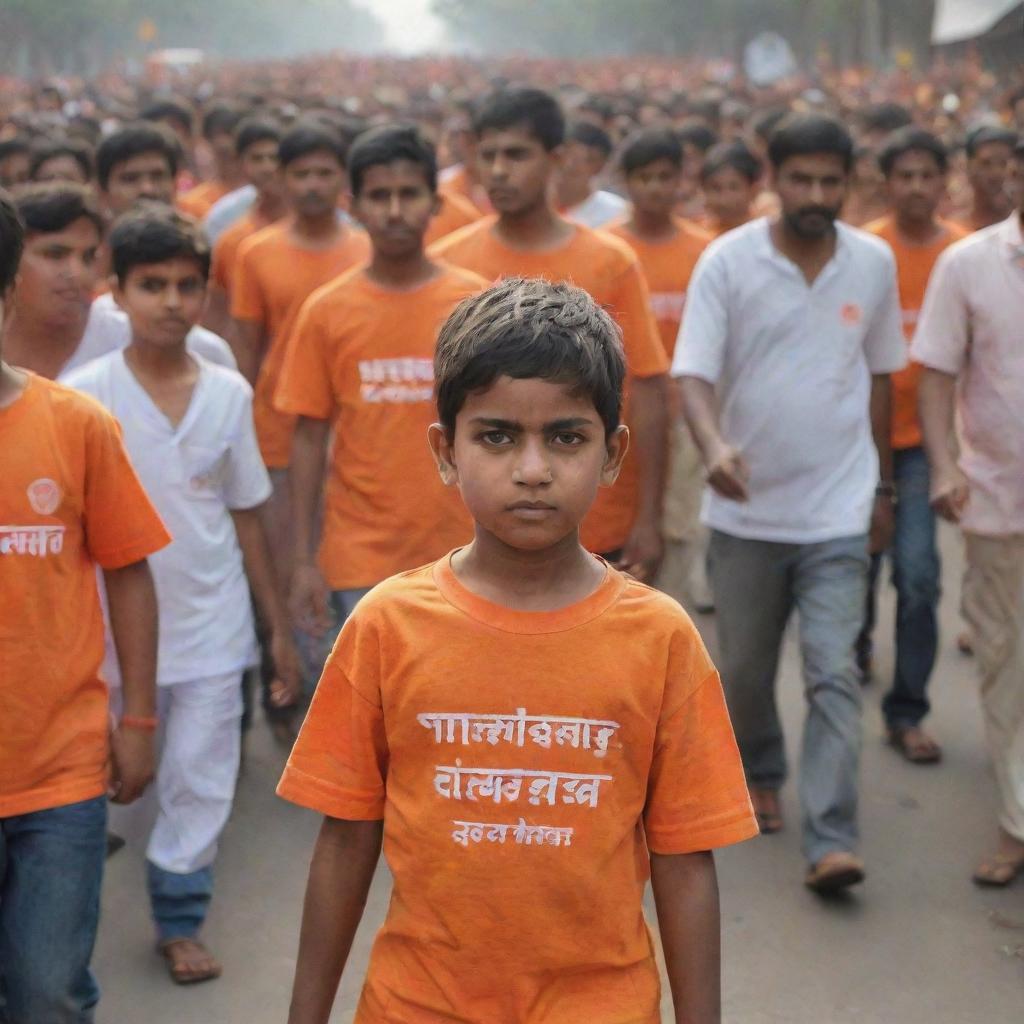 A young boy named Hitesh, wearing a t-shirt with his name printed on it, is spreading the spirit of Hindutva. He is dressed in Bhagwa Zande and Bhagwa Gulal, wandering among the crowd.