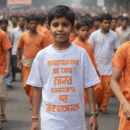 A young boy named Hitesh, wearing a t-shirt with his name printed on it, is spreading the spirit of Hindutva. He is dressed in Bhagwa Zande and Bhagwa Gulal, wandering among the crowd.