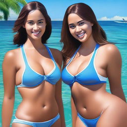 This digital painting is hyper-realistic, featuring two twin girls as attractive swim instructors