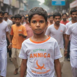 A young boy named Hitesh, wearing a t-shirt with his name printed on it, is spreading the spirit of Hindutva. He is dressed in Bhagwa Zande and Bhagwa Gulal, wandering among the crowd.