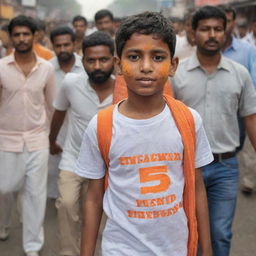 A young boy named Hitesh, wearing a t-shirt with his name printed on it, is spreading the spirit of Hindutva. He is dressed in Bhagwa Zande and Bhagwa Gulal, wandering among the crowd.