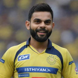 Virat Kohli, an Indian cricketer, wearing the yellow jersey of the Chennai Super Kings (CSK) cricket team.