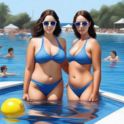 A hyper-realistic digital painting that portrays two twin girls as attractive swim instructors, in the midst of changing into their bikinis