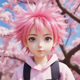 Anime character with vibrant colors, big sparkling eyes and spiky hair under sakura tree in full bloom.