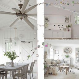 Revamped Scandinavian style living and dining room, shabby chic elements in stark white, but with an extra layer of popular Instagram filters and embellishments to really boost its trend appeal