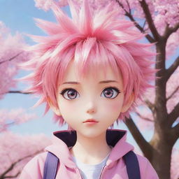 Anime character with vibrant colors, big sparkling eyes and spiky hair under sakura tree in full bloom.