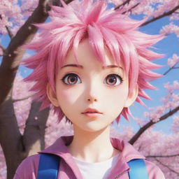 Anime character with vibrant colors, big sparkling eyes and spiky hair under sakura tree in full bloom.