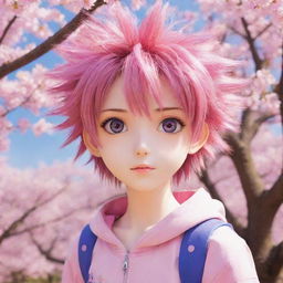 Anime character with vibrant colors, big sparkling eyes and spiky hair under sakura tree in full bloom.