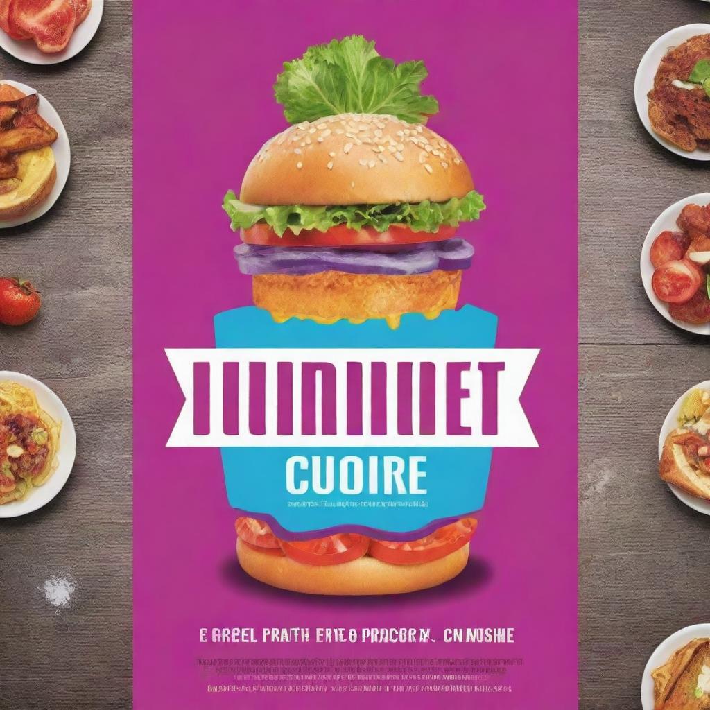 Design a vibrant and appetizing food poster featuring gourmet cuisine, a catchy slogan, and dazzling colors.